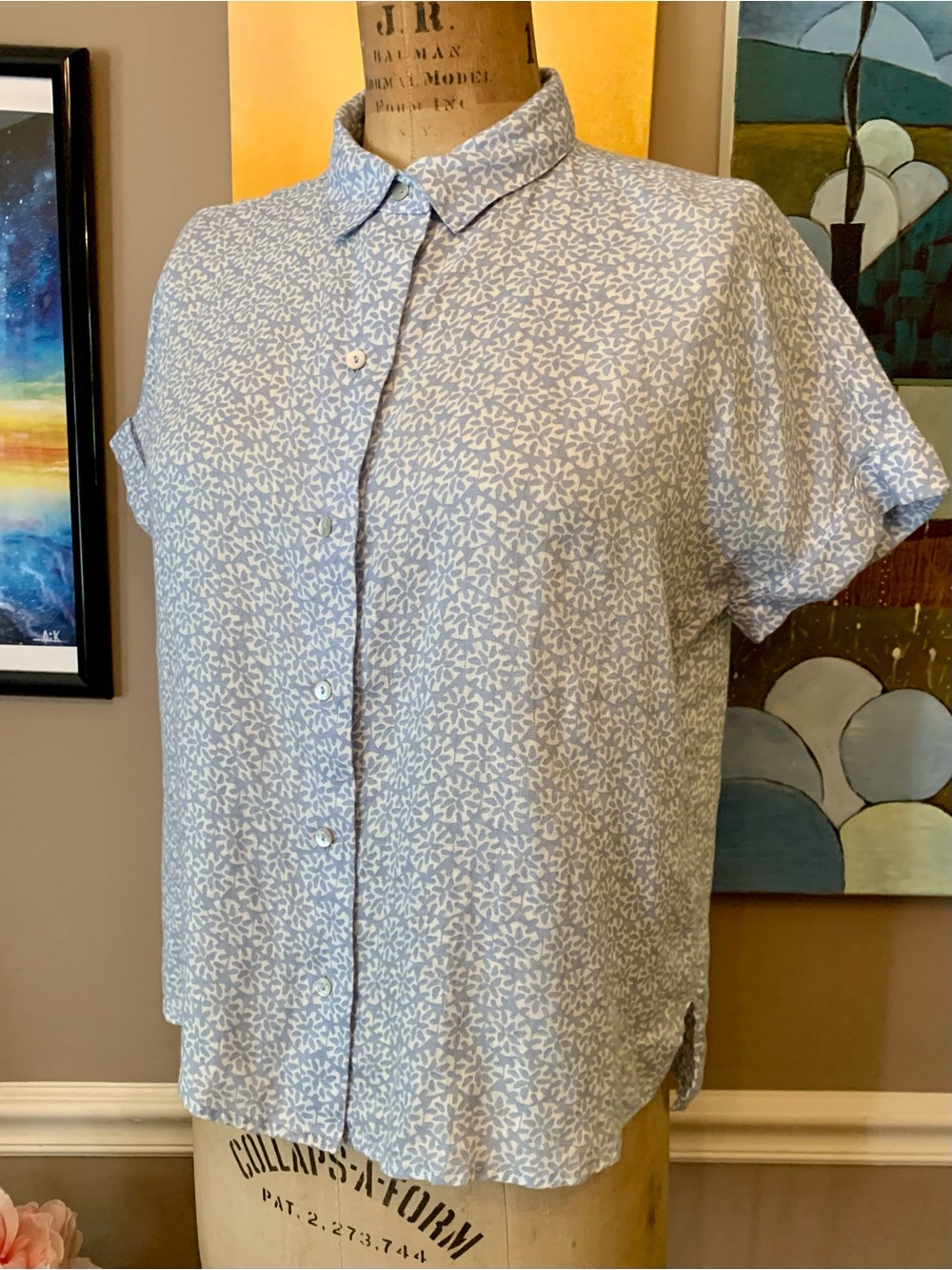 NWT Sigrid Olsen 100% Linen Sand Dollar Camp Shirt Blouse Blue & White Size XS